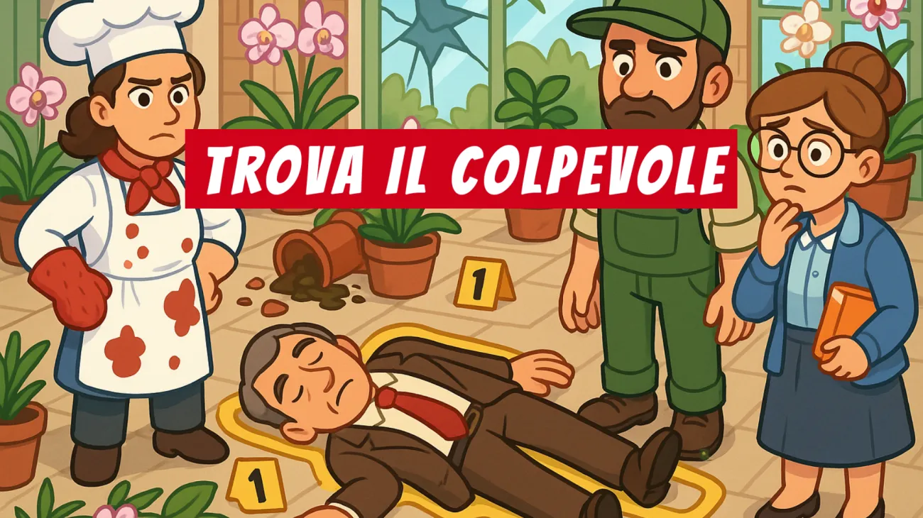 Solo le menti più brillanti svelano il mistero della serra: riesci a scoprire chi è l’assassino tra i sospetti? Sfida il tuo intuito!"
