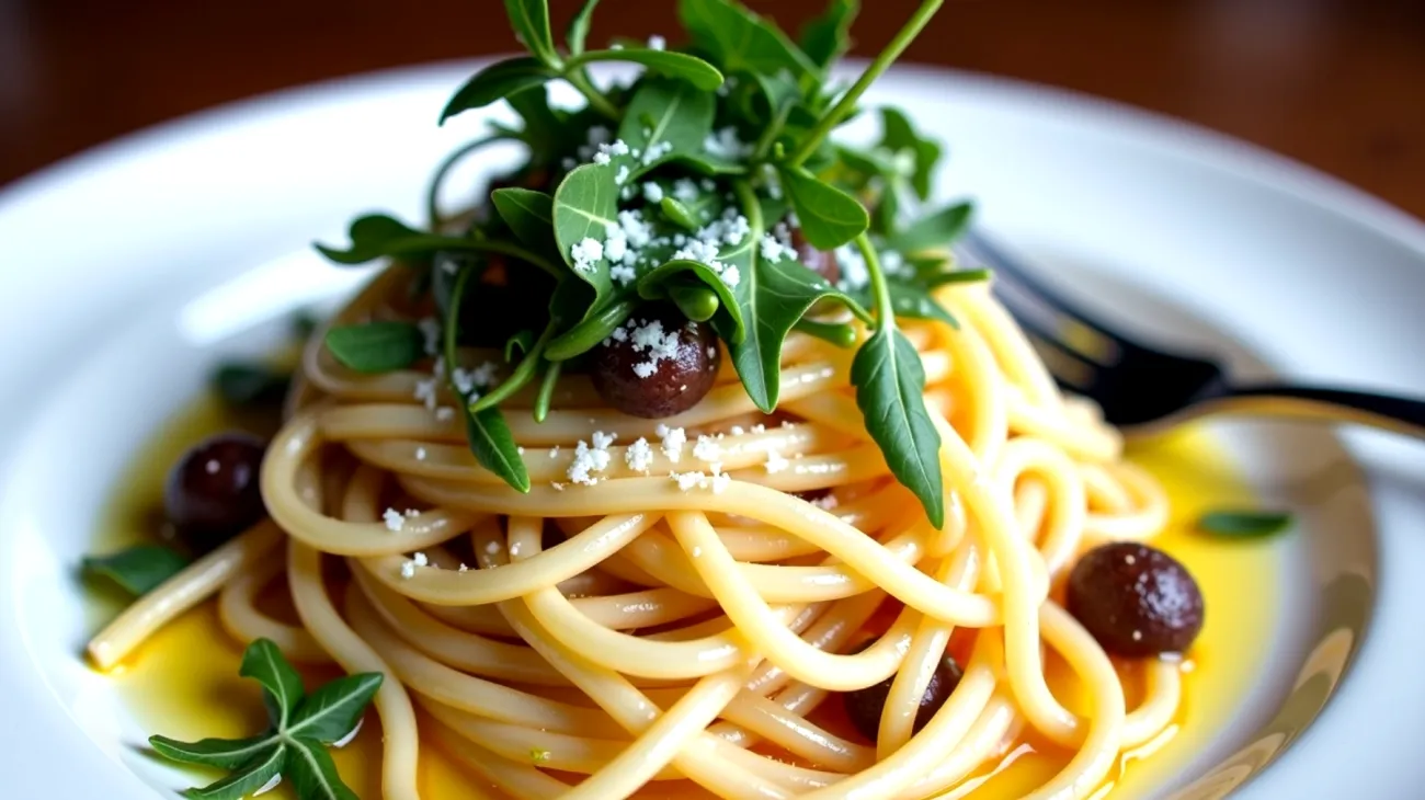 spaghetti acciughe rucola croccante"