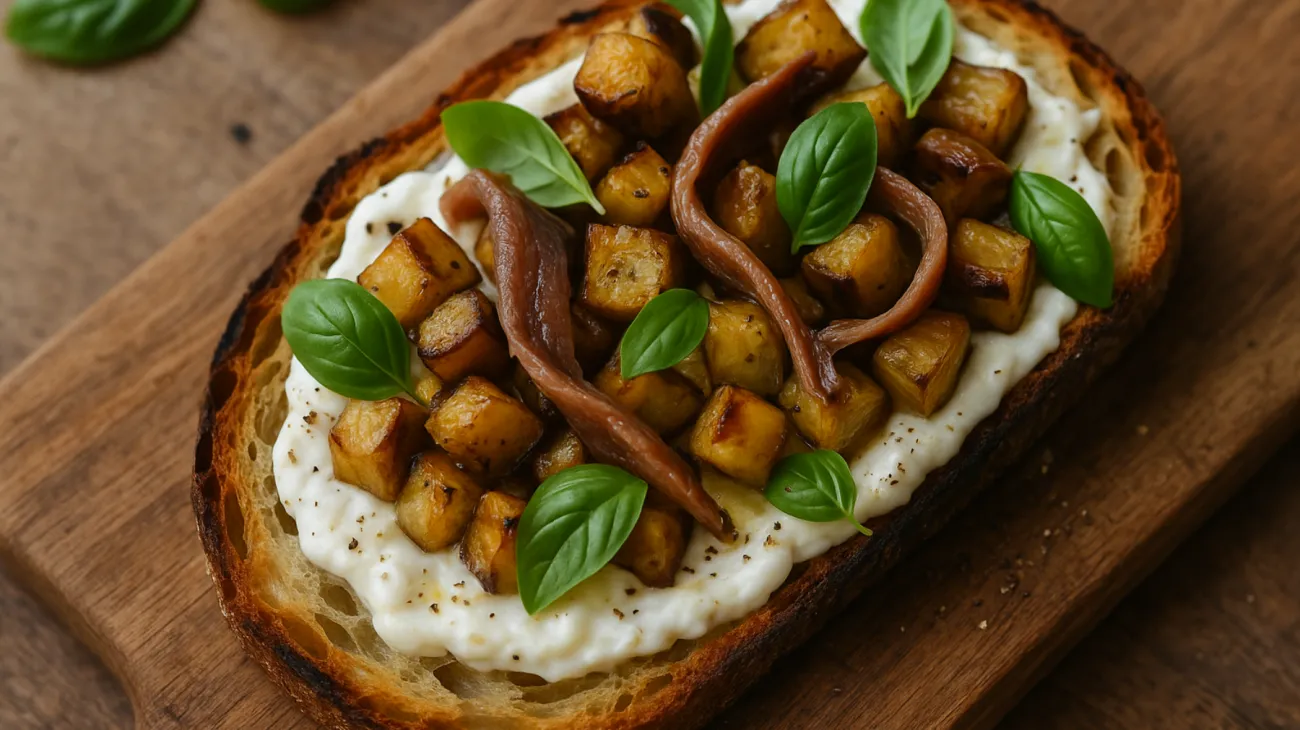 stracciatella melanzane novelle pane tostato"