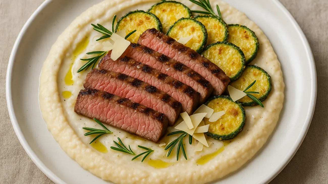 tagliata di manzo crema di fagioli freschi zucchine novelle"