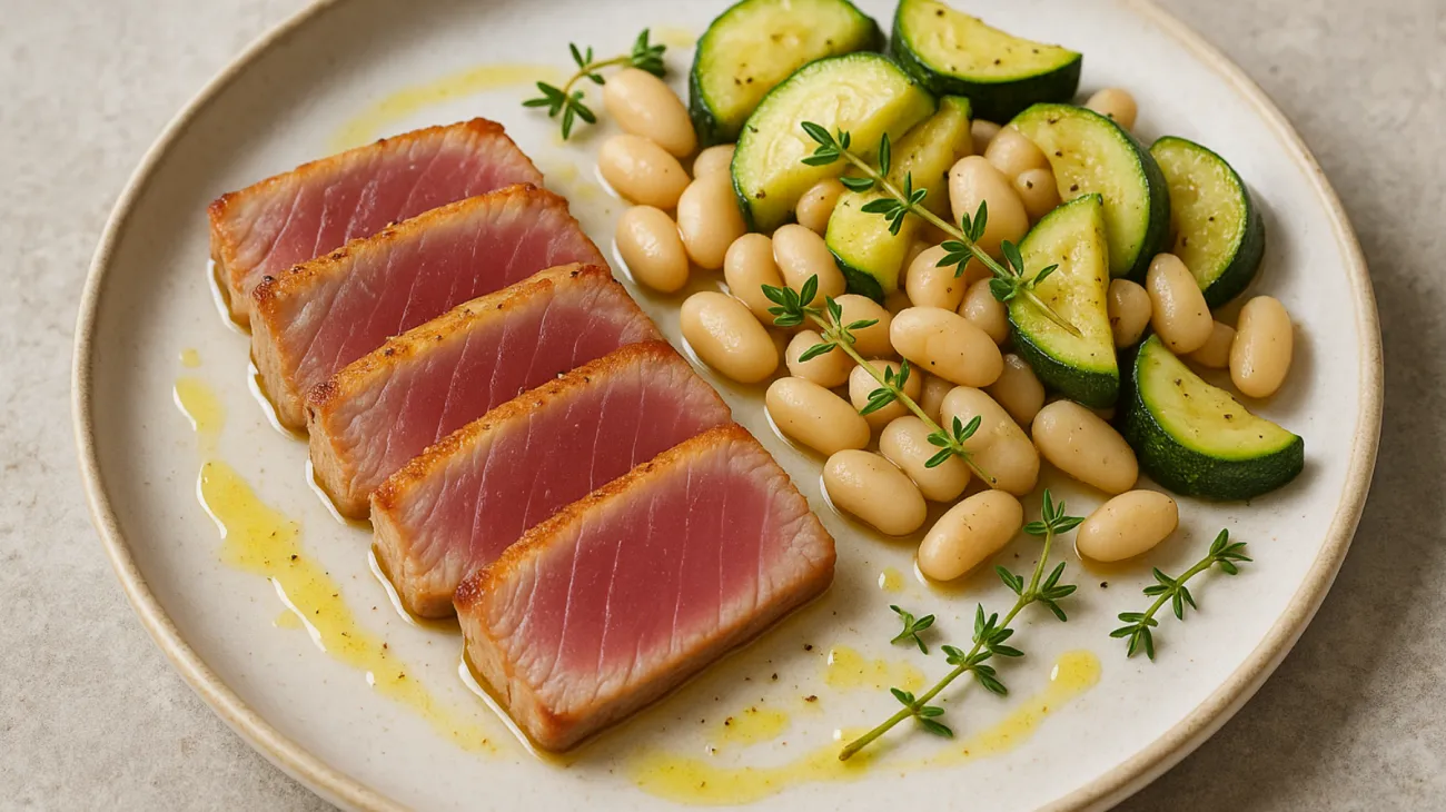 tagliata di tonno fagioli cannellini zucchine spadellate"